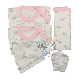 Ajuar 5 Piezas con Diseño Talla 0/3 Meses Blanco/Rosado Elefantes