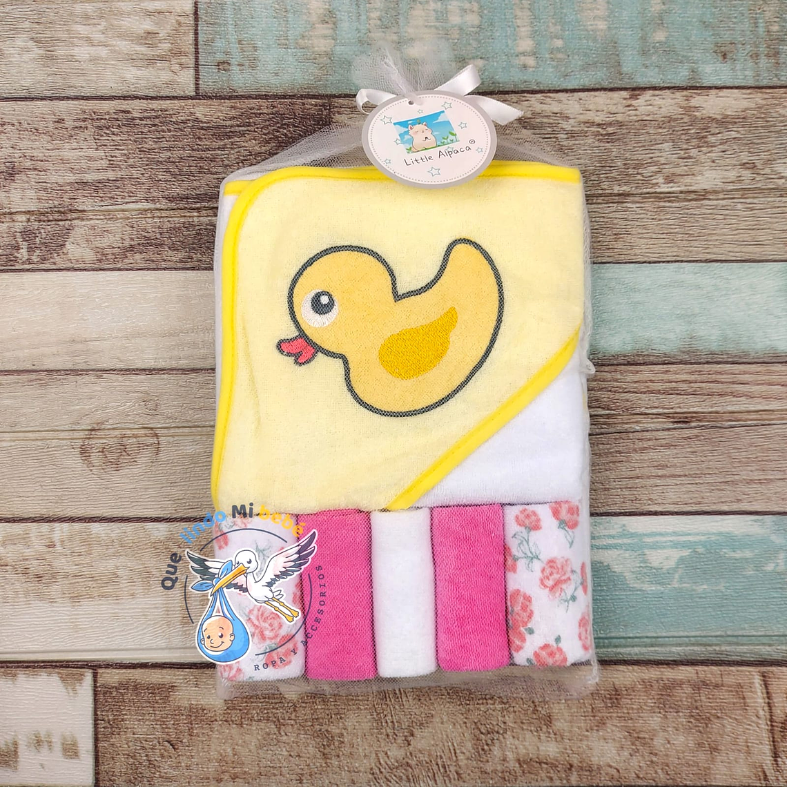 Toalla Capucha + Set 5 Toallitas Patito 1
