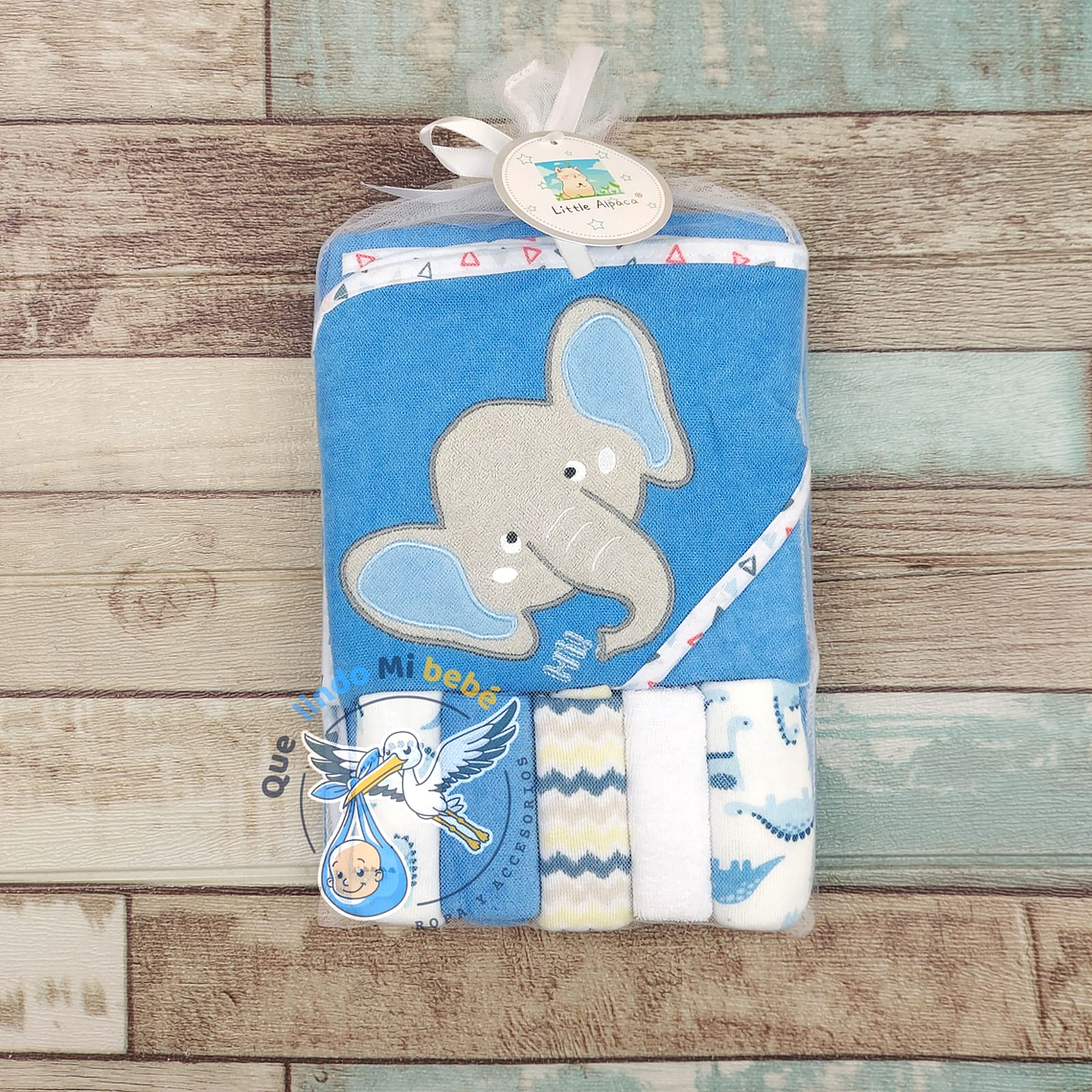 Toalla Capucha + Set 5 Toallitas Elefante Hi! 1