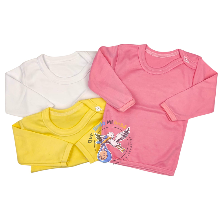 Prendas - Set 3 Camisetas Manga Larga 9/12 Meses Rosada/Amarilla/Blanca 1