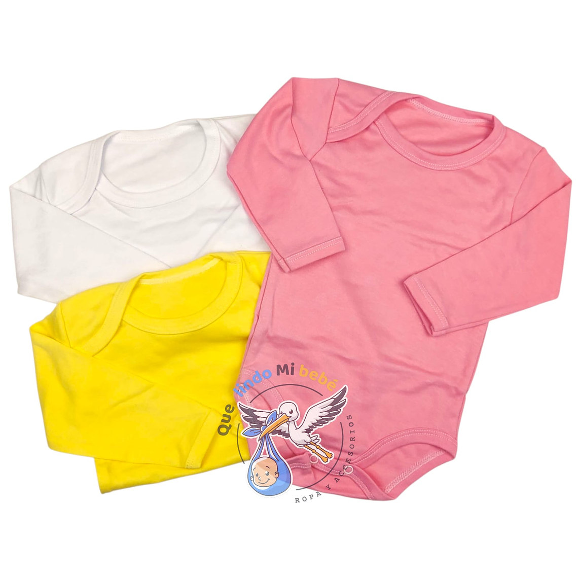Prendas - Set 3 Bodys Manga Larga 6/9 Meses Rosada/Amarilla/Blanca 1
