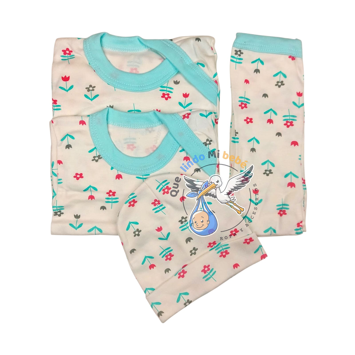 Ajuar 4 Piezas con Diseño Talla 3/6 Meses Blanco/Calipso Flores 1