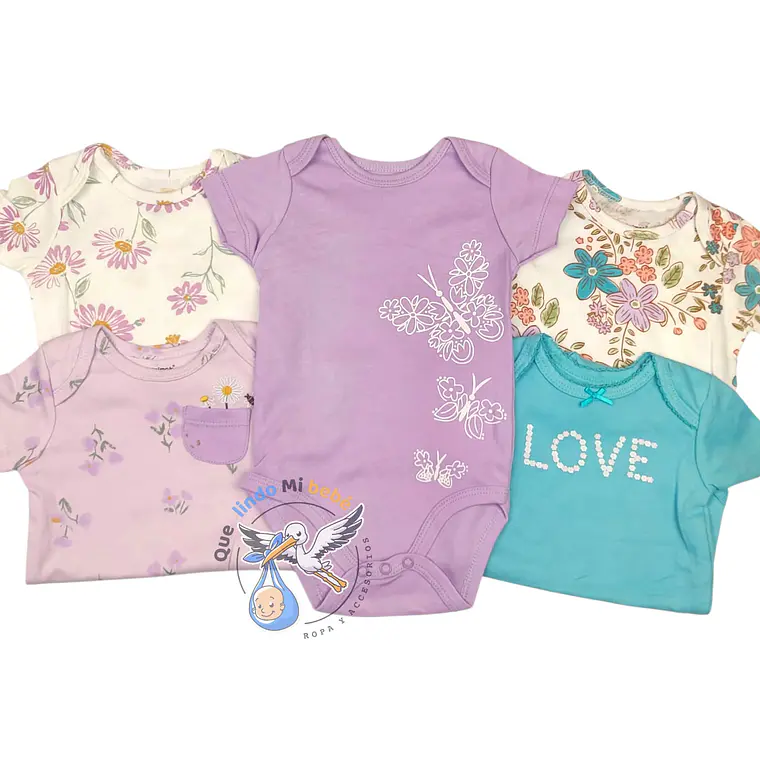 Set 5 Bodys Manga Corta 9/12 Meses Love Flores 1