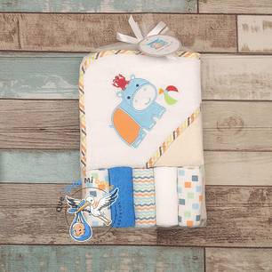 Toalla Capucha + Set 5 Toallitas Hipopótamo