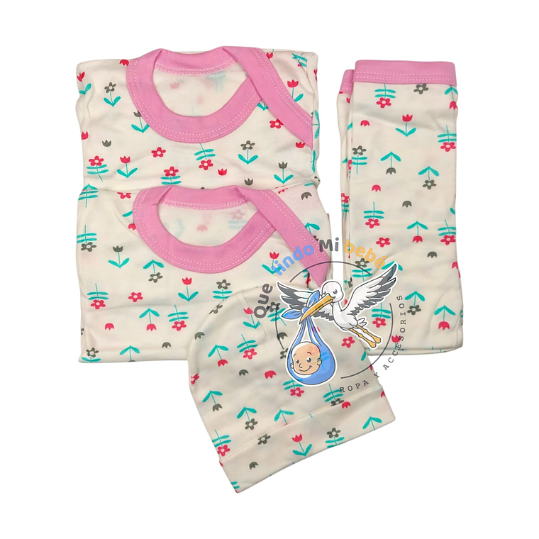 Ajuar 4 Piezas con Diseño Talla 3/6 Meses Blanco/Rosado Flores 1
