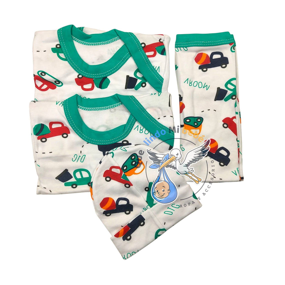 Ajuar 4 Piezas con Diseño Talla 3/6 Meses Blanco/Verde Camiones 1