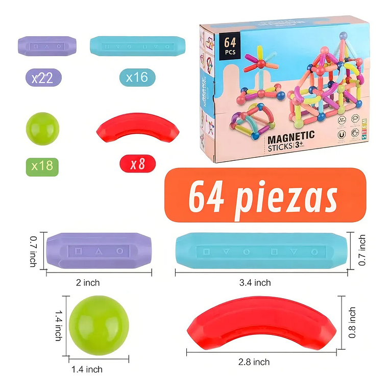 Juguete Didáctico de Varillas Magnéticas 64 Piezas +36M 2