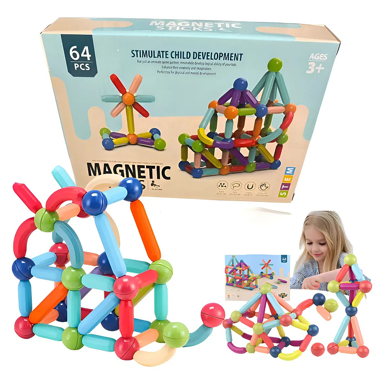 Juguete Didáctico de Varillas Magnéticas 64 Piezas +36M 1
