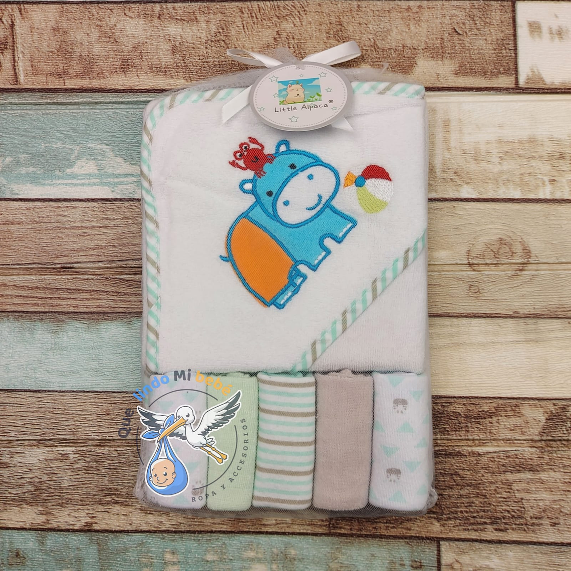 Toalla Capucha + Set 5 Toallitas Hipopótamo 1