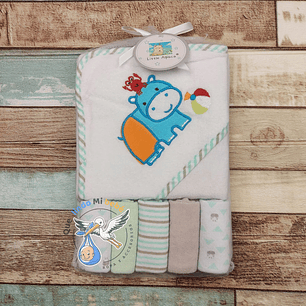Toalla Capucha + Set 5 Toallitas Hipopótamo