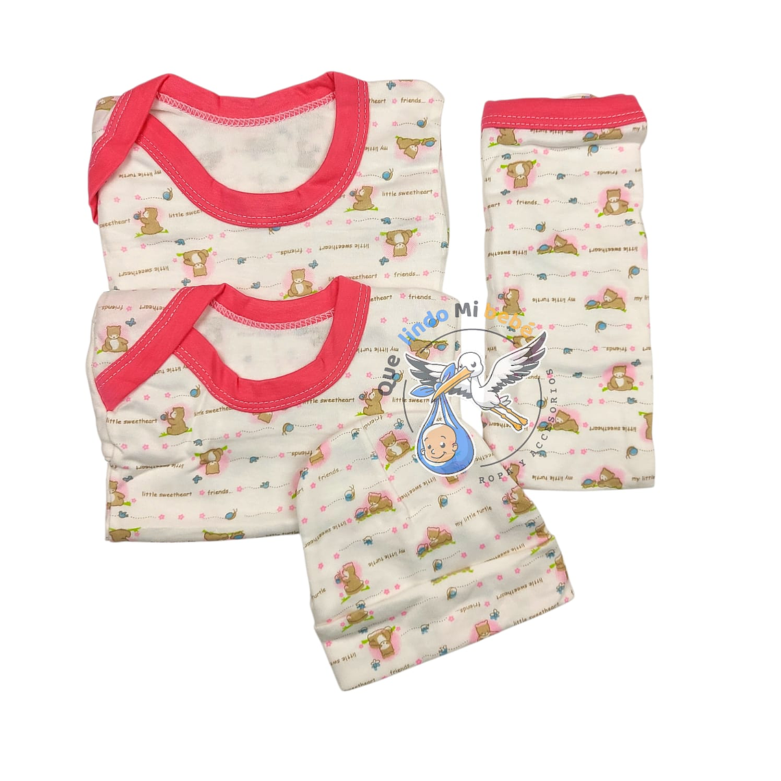 Ajuar 4 Piezas con Diseño Talla 3/6 Meses Crema/Rosado Osito 1