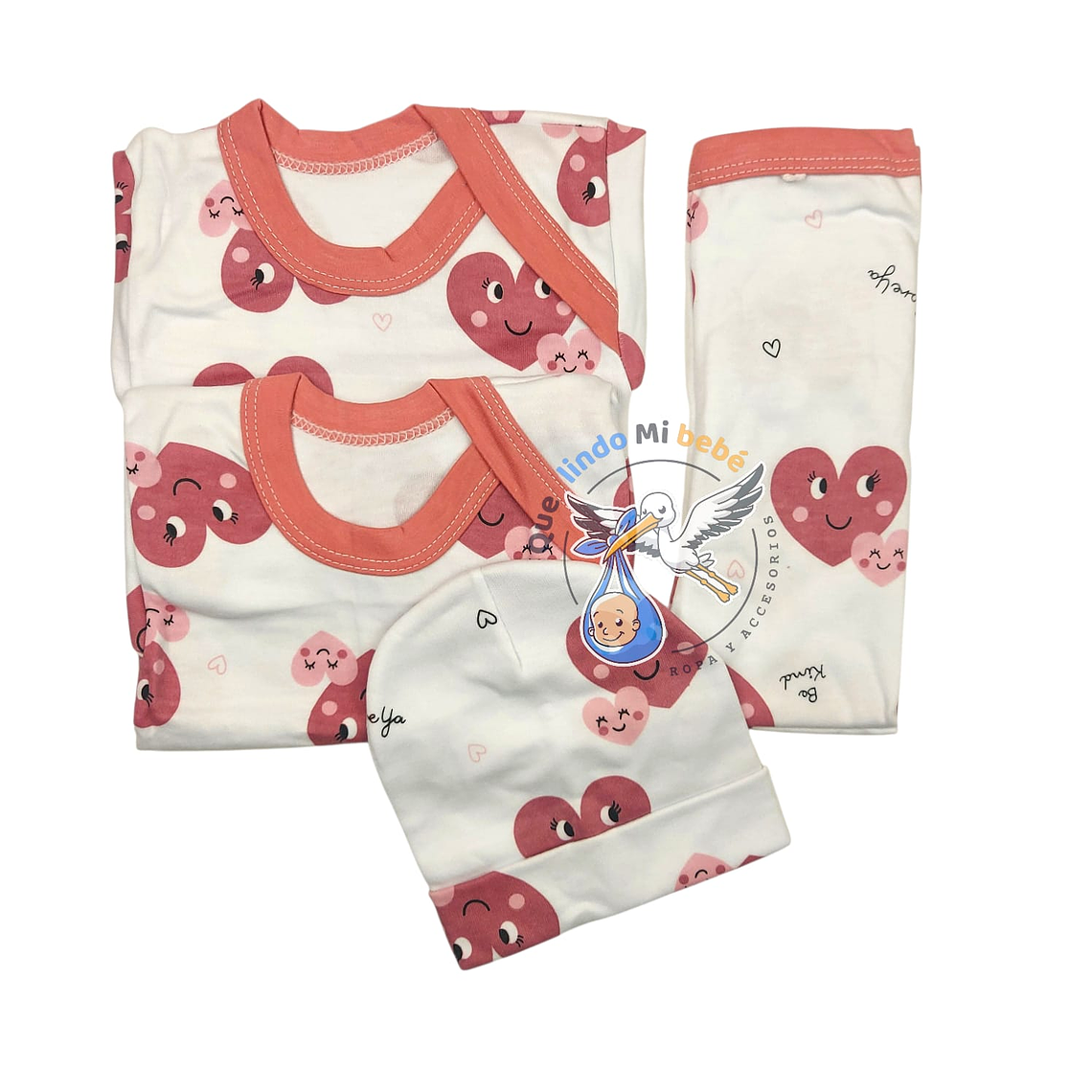 Ajuar 4 Piezas con Diseño Talla 3/6 Meses Blanco/Palo Rosa Corazón 1