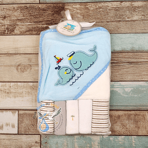 Toalla Capucha + Set 5 Toallitas Ballena