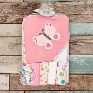 Toalla Capucha + Set 5 Toallitas Mariposa