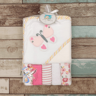 Toalla Capucha + Set 5 Toallitas Mariposa