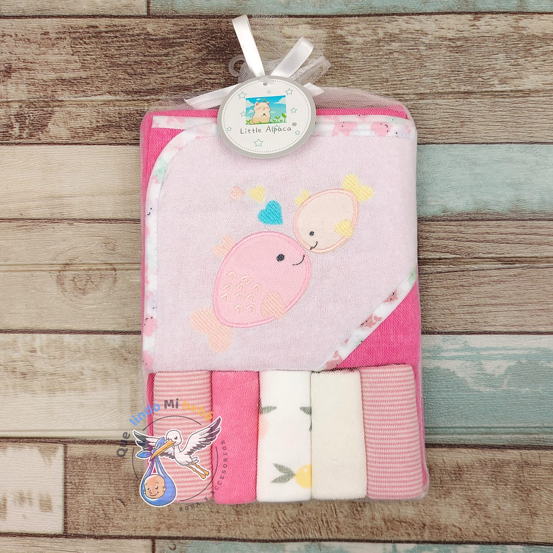 Toalla Capucha + Set 5 Toallitas Peces 1