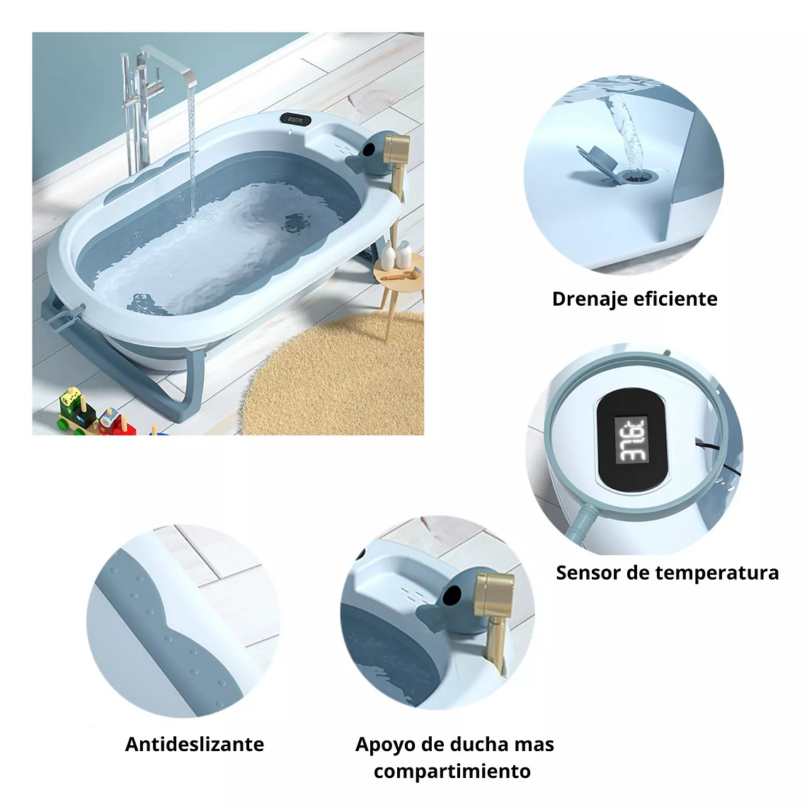 Bañera con Termometro Celeste + Cojin Estrella + Jarro Ducha 6