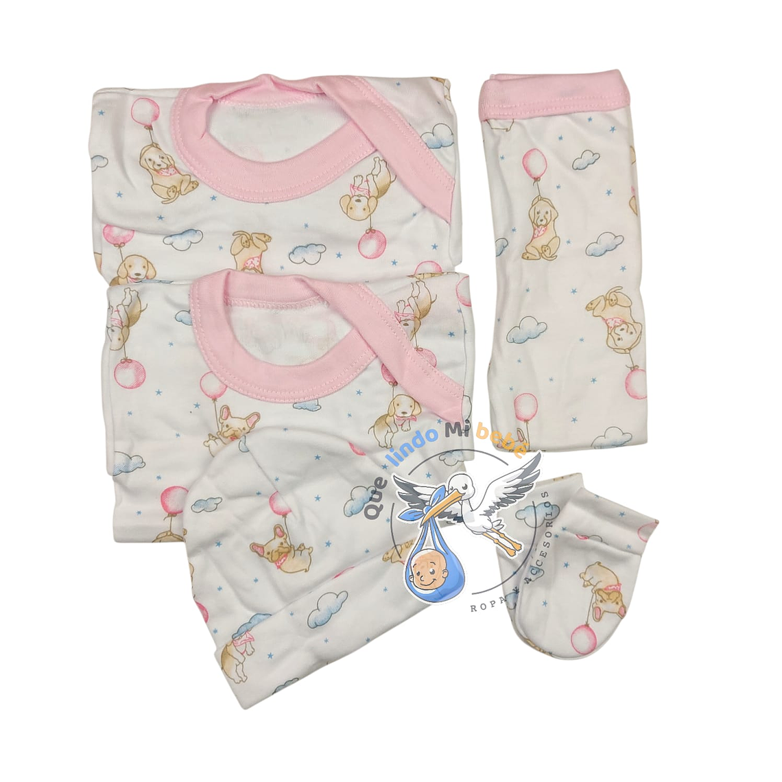 Ajuar 5 Piezas con Diseño Talla 0/3 Meses Blanco/Rosado Cachorritos 1