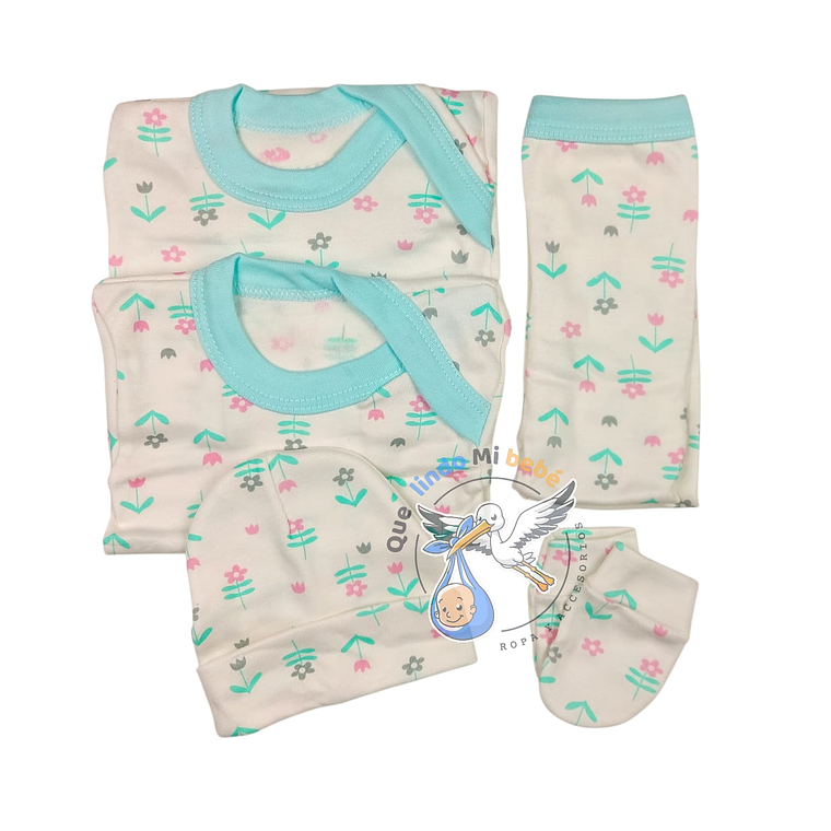 Ajuar 5 Piezas con Diseño Talla 0/3 Meses Blanco/Calipso Flores 1