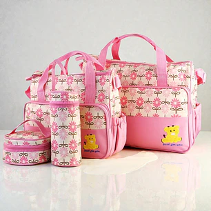 Bolso Maternal 5 Piezas Diseño Flores Rosado