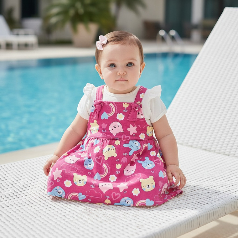 Conjunto Vestido mas Polerita 9/12 Meses Gatita Fucsia 1