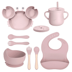 Set Alimentación Silicona Cangrejo 9 Piezas Rosado Claro