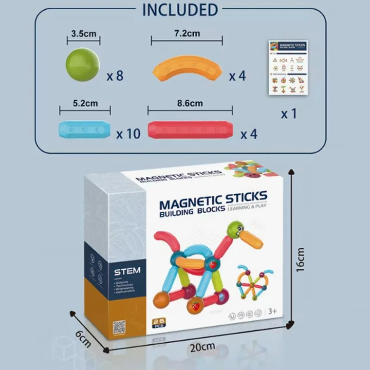 Juguete Didáctico de Varillas Magnéticas 26 Piezas +36M 2