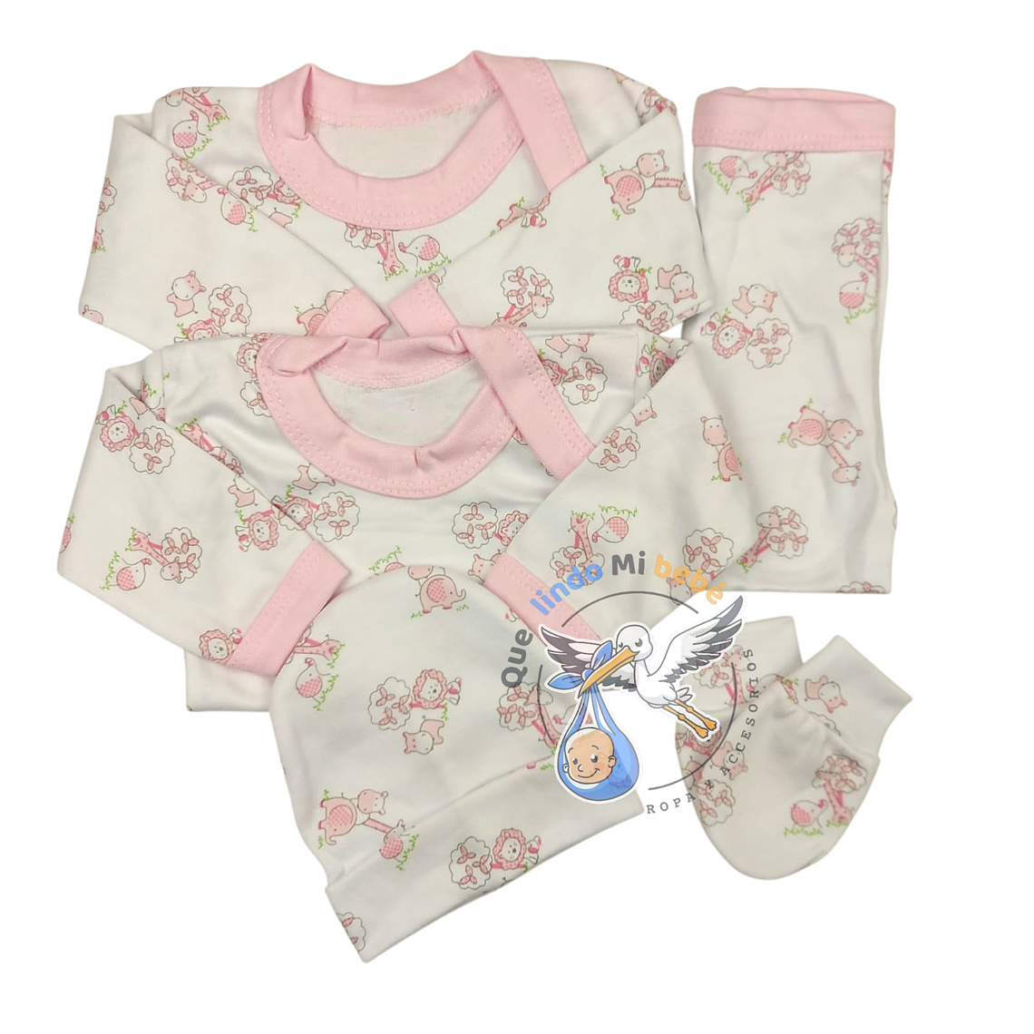 Ajuar 5 Piezas con Diseño Talla 0/3 Meses Blanco/Rosadp Animalitos 1