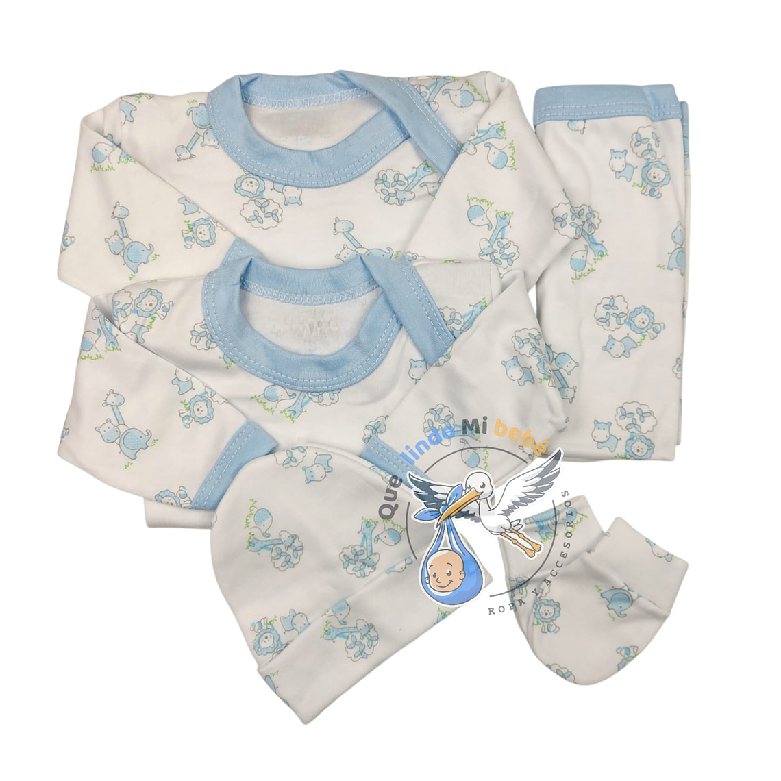 Ajuar 5 Piezas con Diseño Talla 0/3 Meses Blanco/Celeste Animalitos 1