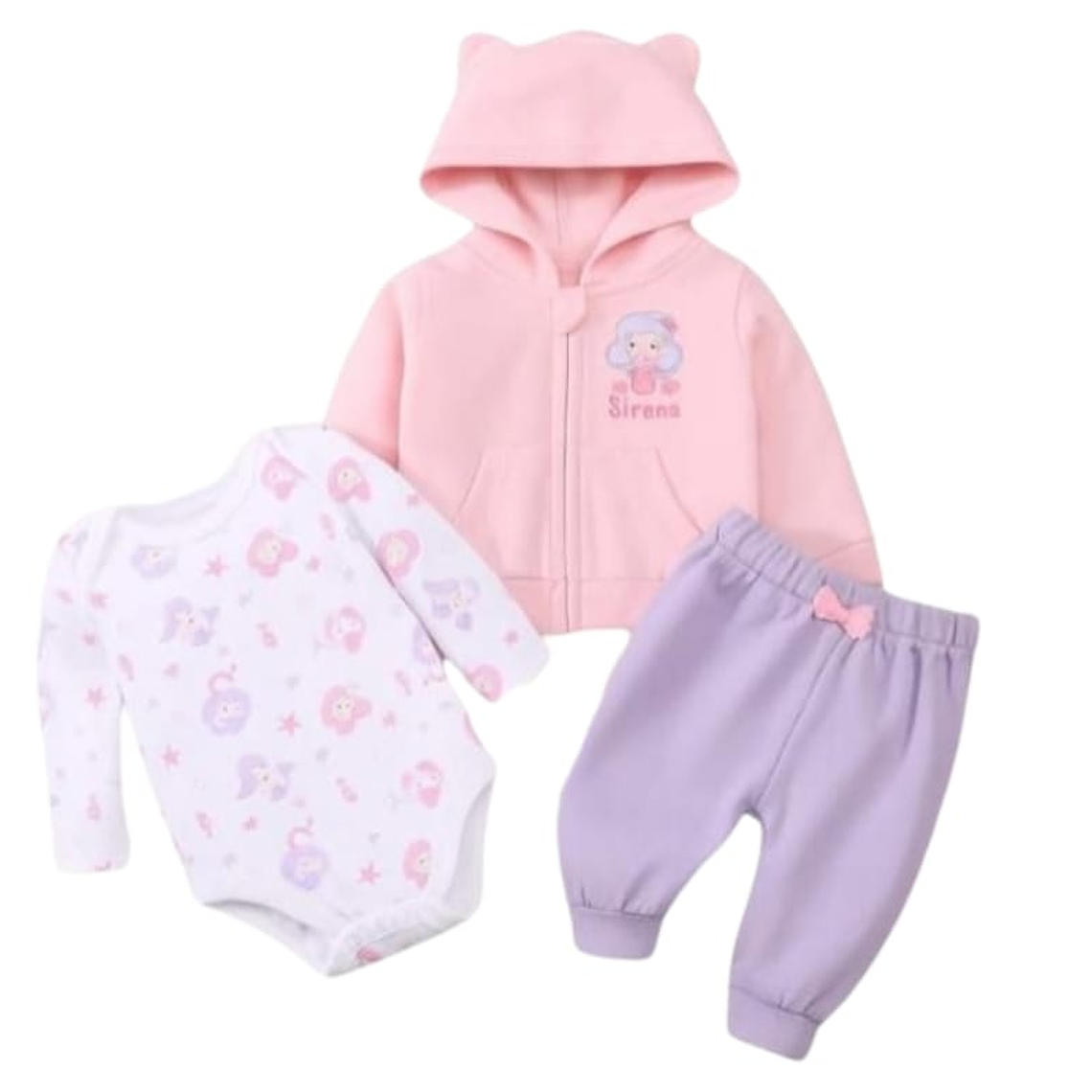 Set Buzo 3 Piezas Forrado 0/3 Meses Rosado/Lila Sirena 1