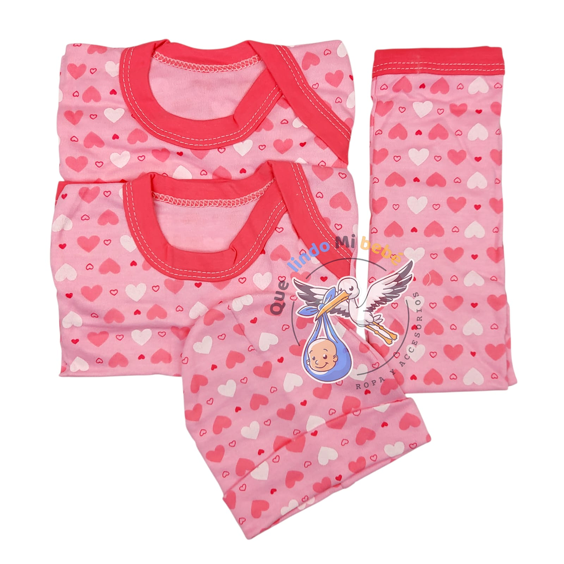 Ajuar 4 Piezas con Diseño Talla 3/6 Meses Rosado Corazones 1
