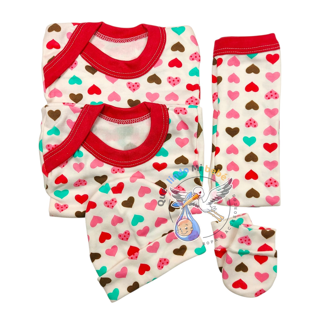 Ajuar 5 Piezas con Diseño Talla 0/3 Meses Blanco/Fucsia Corazones 1