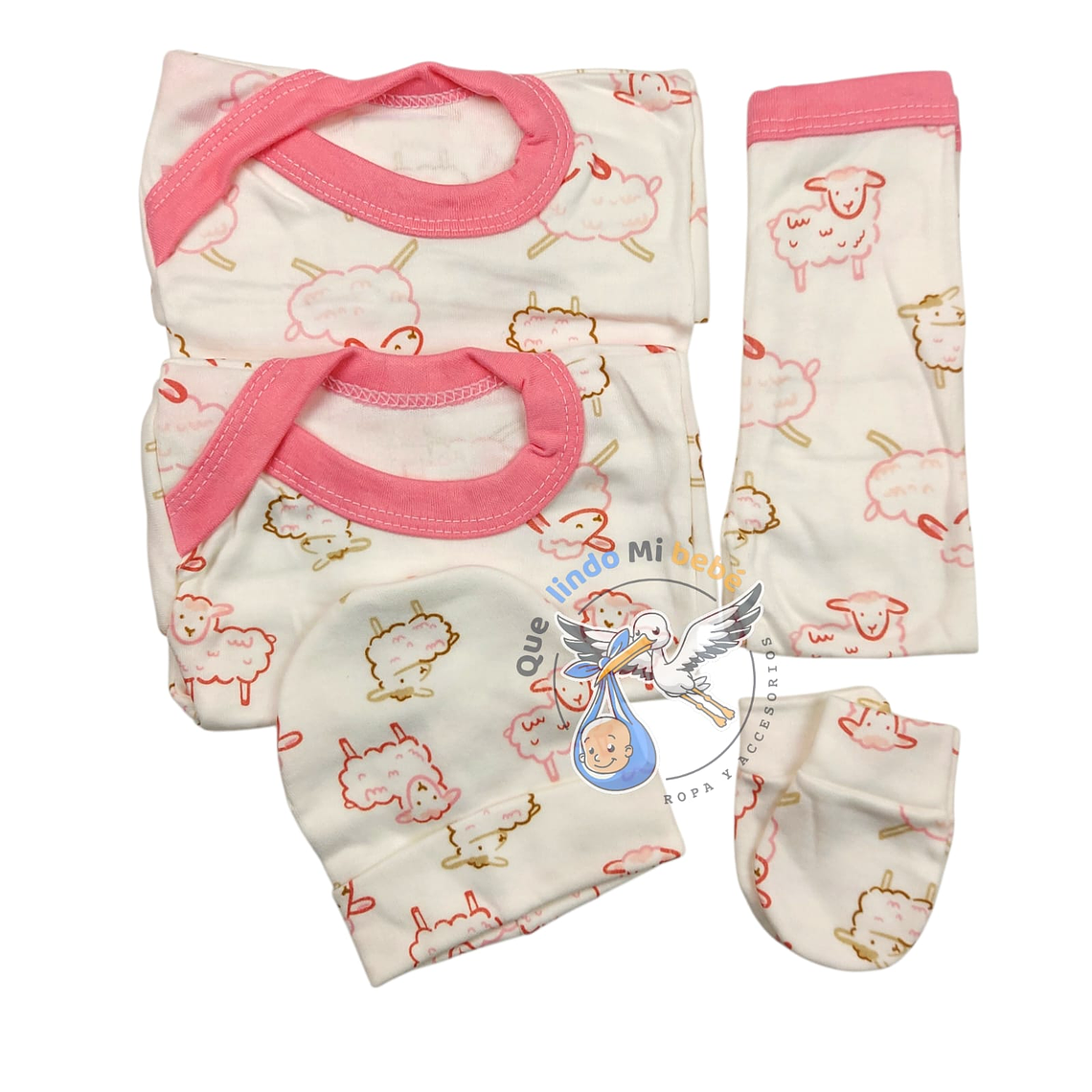 Ajuar 5 Piezas con Diseño Talla 0/3 Meses Blanco/Rosado Ovejita 1