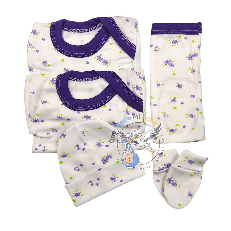 Ajuar 5 Piezas con Diseño Talla 0/3 Meses Blanco/Morado Flores 1