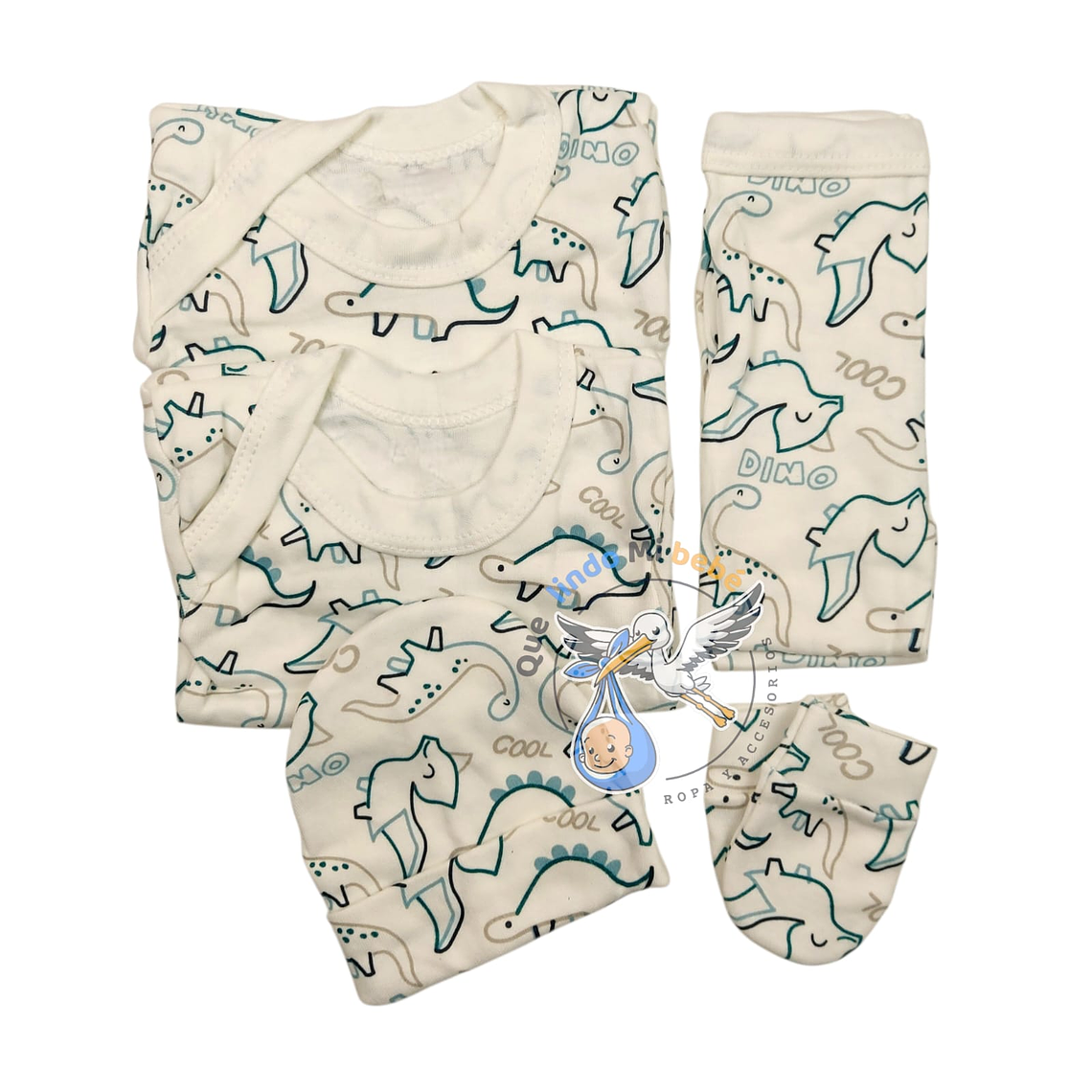 Ajuar 5 Piezas con Diseño Talla 0/3 Meses Blanco/Azul Dinosaurios 1