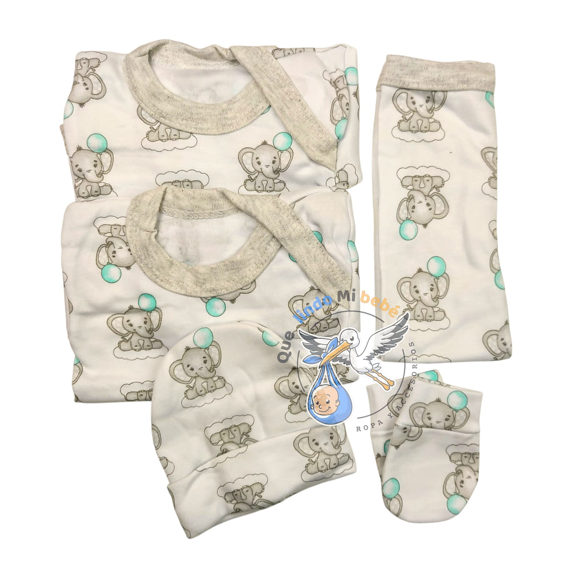 Ajuar 5 Piezas con Diseño Talla 0/3 Meses Blanco/Melange Elefante 1