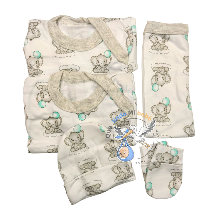 Ajuar 5 Piezas con Diseño Talla 0/3 Meses Blanco/Melange Elefante 1
