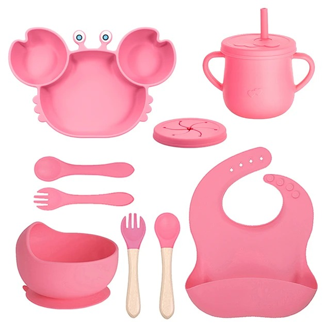 Set Alimentación Silicona Cangrejo 9 Piezas Rosado Fuerte 1