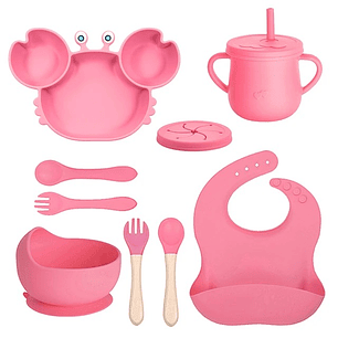 Set Alimentación Silicona Cangrejo 9 Piezas Rosado Fuerte