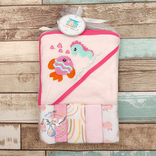 Toalla Capucha + Set 5 Toallitas Caballito de Mar