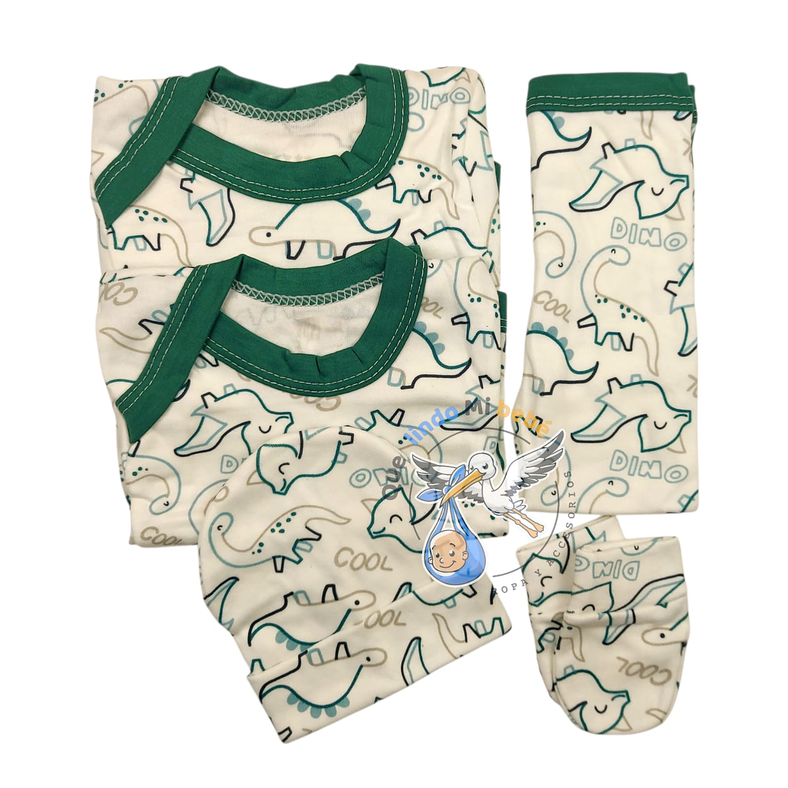 Ajuar 5 Piezas con Diseño Talla 0/3 Meses Verde Dinosaurio 1