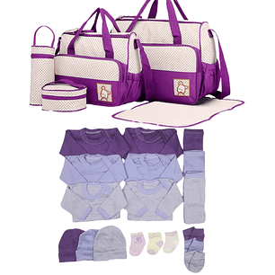 Pack Bolso 5 Piezas + Ajuar 18 Piezas 0/3 Meses Morado