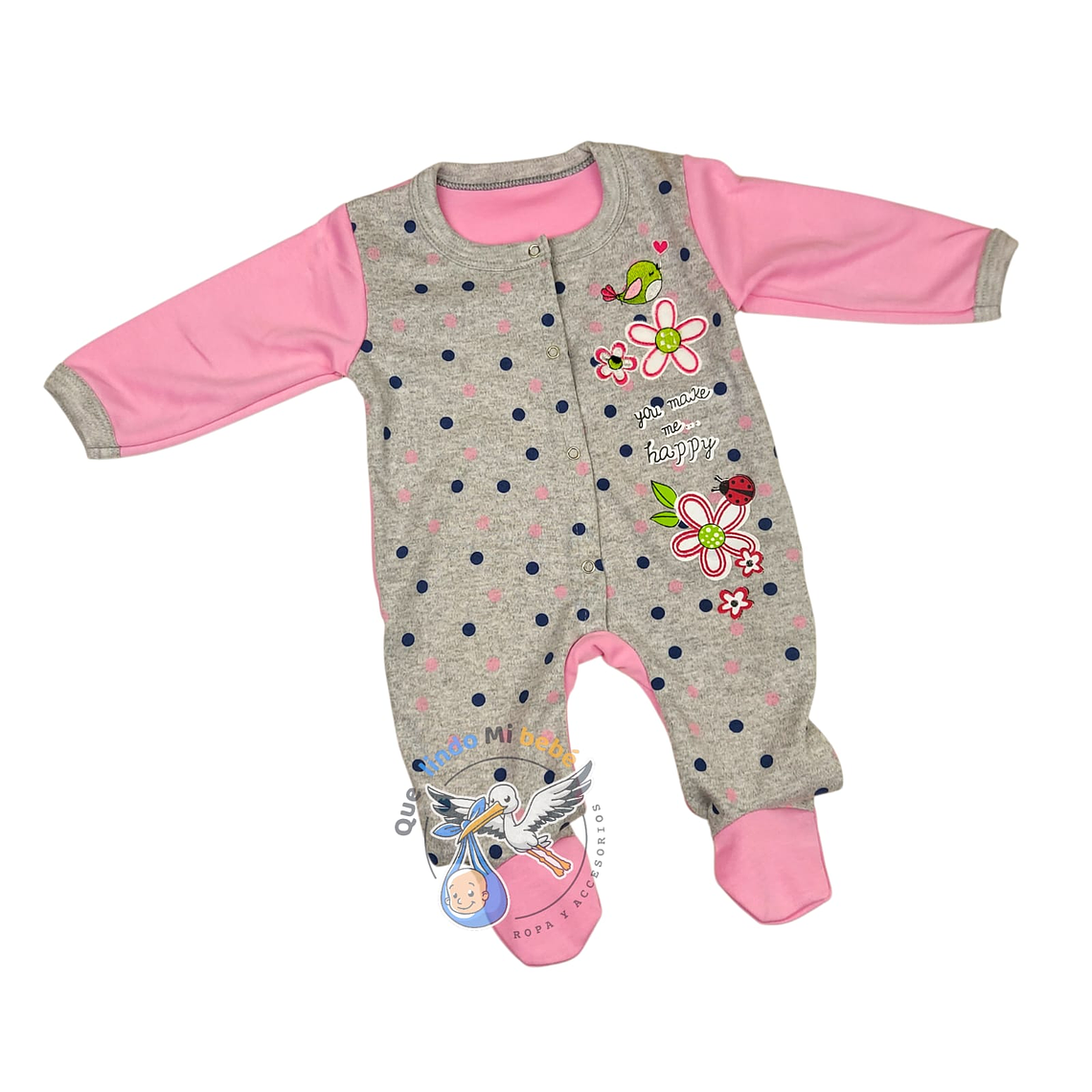 Osito Algodón 1 Pieza 0/3 Meses Flores Gris/Rosado 1