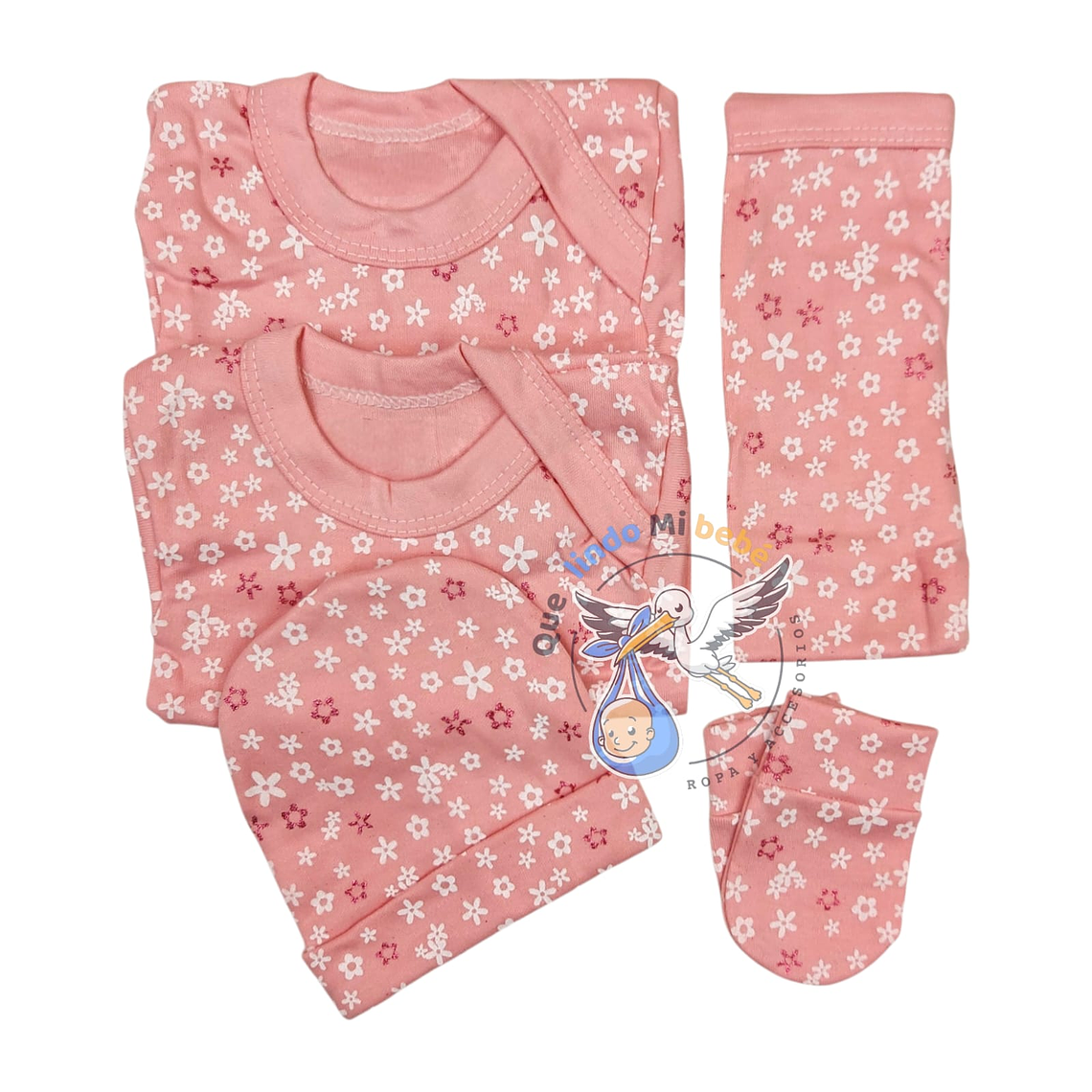 Ajuar 5 Piezas con Diseño Talla 0/3 Meses Rosado Flores 1