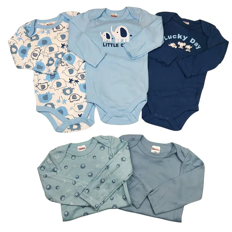 Set 5 Bodys Manga Larga 9/12 Meses Elefantes 1