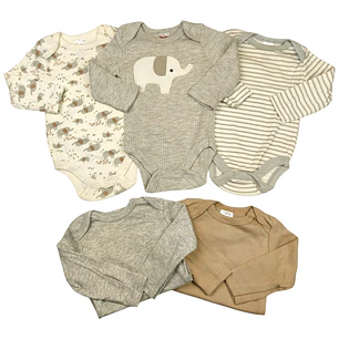 Set 5 Bodys Manga Larga 9/12 Meses Elefante Gris