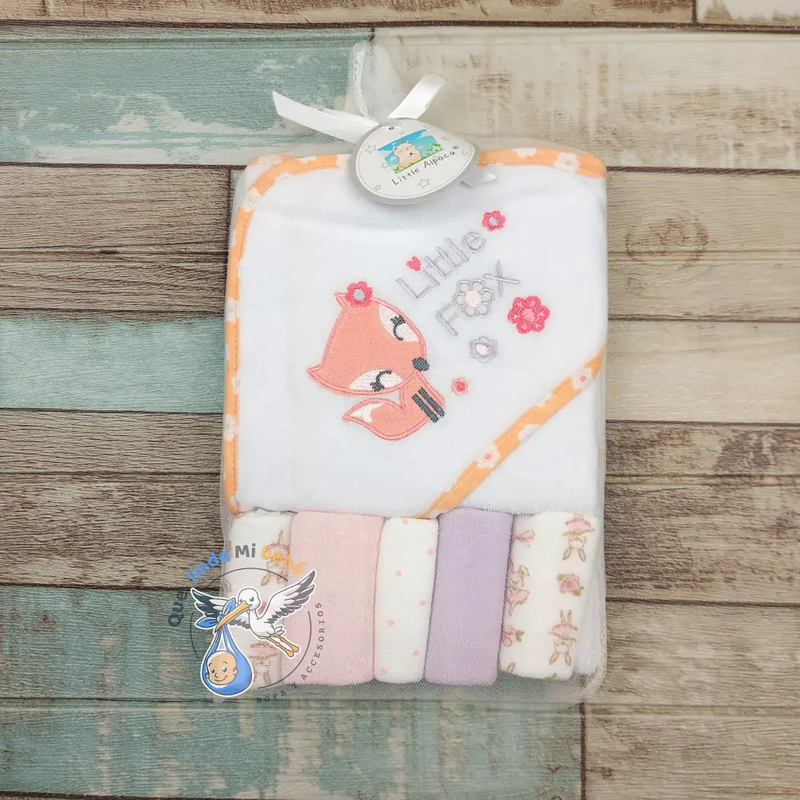 Toalla Capucha + Set 5 Toallitas Little Fox 1