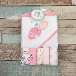 Toalla Capucha + Set 5 Toallitas Peces