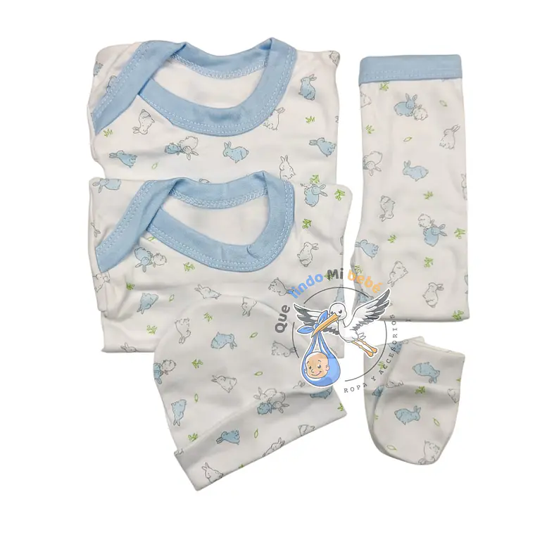 Ajuar 5 Piezas con Diseño Talla 0/3 Meses Blanco/Celeste Conejito 1