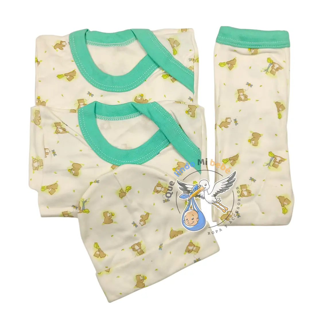Ajuar 4 Piezas con Diseño Talla 3/6 Meses Crema/Verde Osito 1